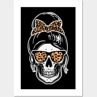 Skull With Messy Bun Wearing Leopard Print Shades and Scrunchie Posters and Art